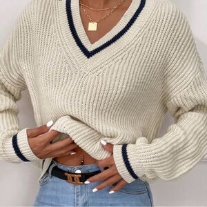 V-Neck Cream Sweater with Navy Accents